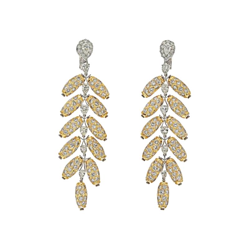 18K TWO TONE 48 00CTTW DIAMOND FEATHER DANGLING EARRINGS