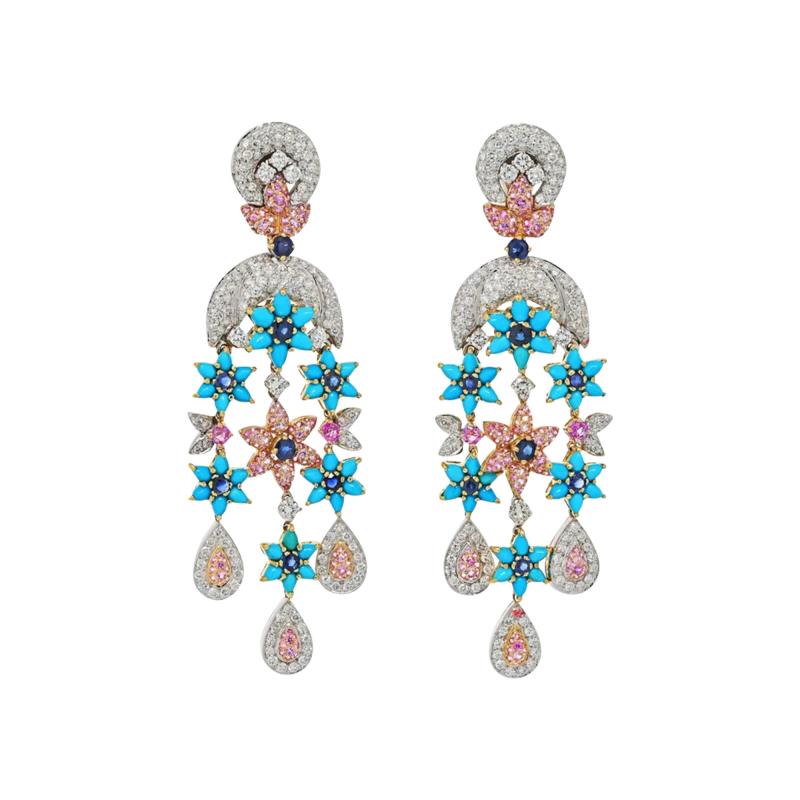 18K TWO TONE TURQUOISE DIAMOND FLOWER MOTIF EARRINGS