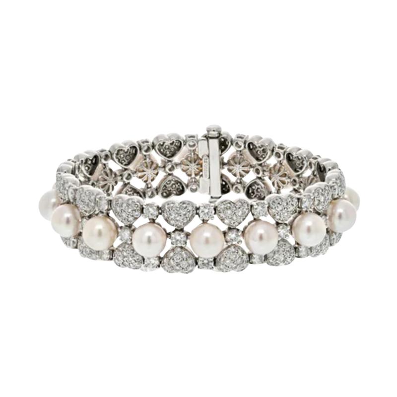 18K WHITE GOLD 15 00CTTW ROUND DIAMOND AND PEARL ONE LINE BRACELET