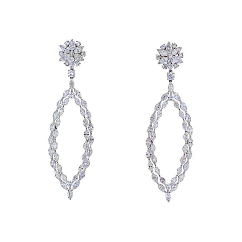 18K WHITE GOLD 16 CARAT MARQUISE ROUND DANGLING DROP EARRINGS