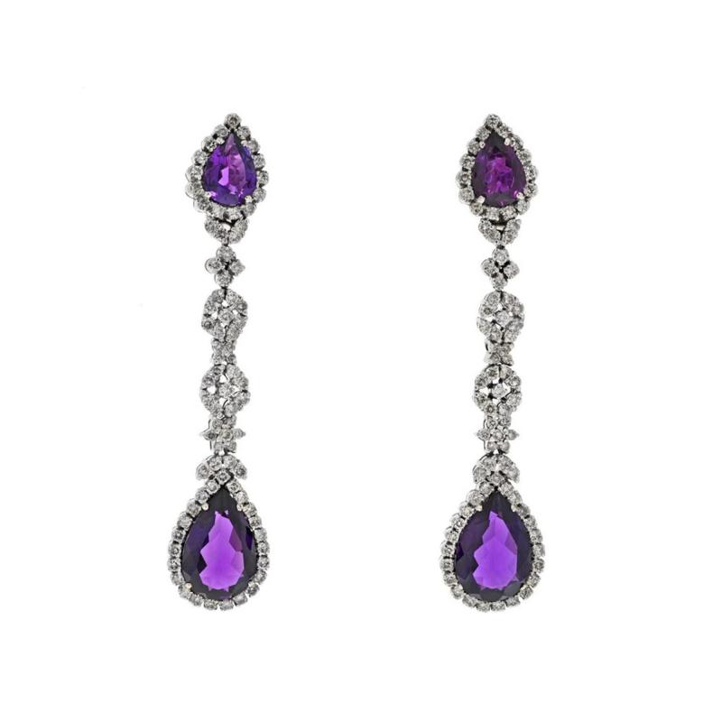 18K WHITE GOLD AMETHYST AND DIAMOND DROP DANGLING EARRINGS