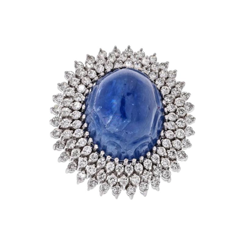 18K WHITE GOLD BLUE CABOCHON CARVED SAPPHIRE AND DIAMOND RING