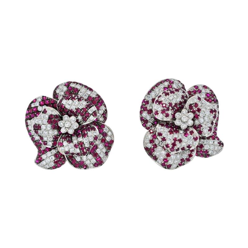 18K WHITE GOLD PAVE DIAMOND AND RUBY FLOWER EARRINGS