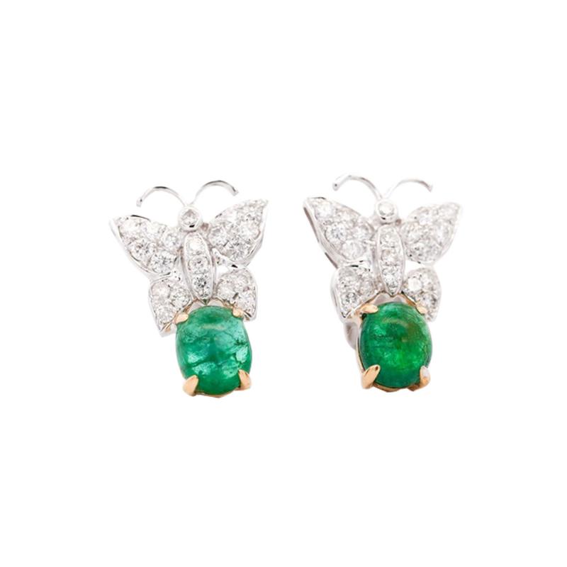 18K White Gold 2 Carat Cabochon Emerald and Diamond Butterfly Drops Earrings