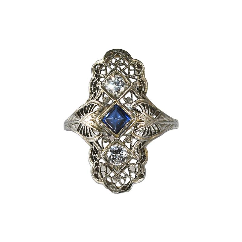 18K White Gold Art Deco Sapphire Diamond Ring