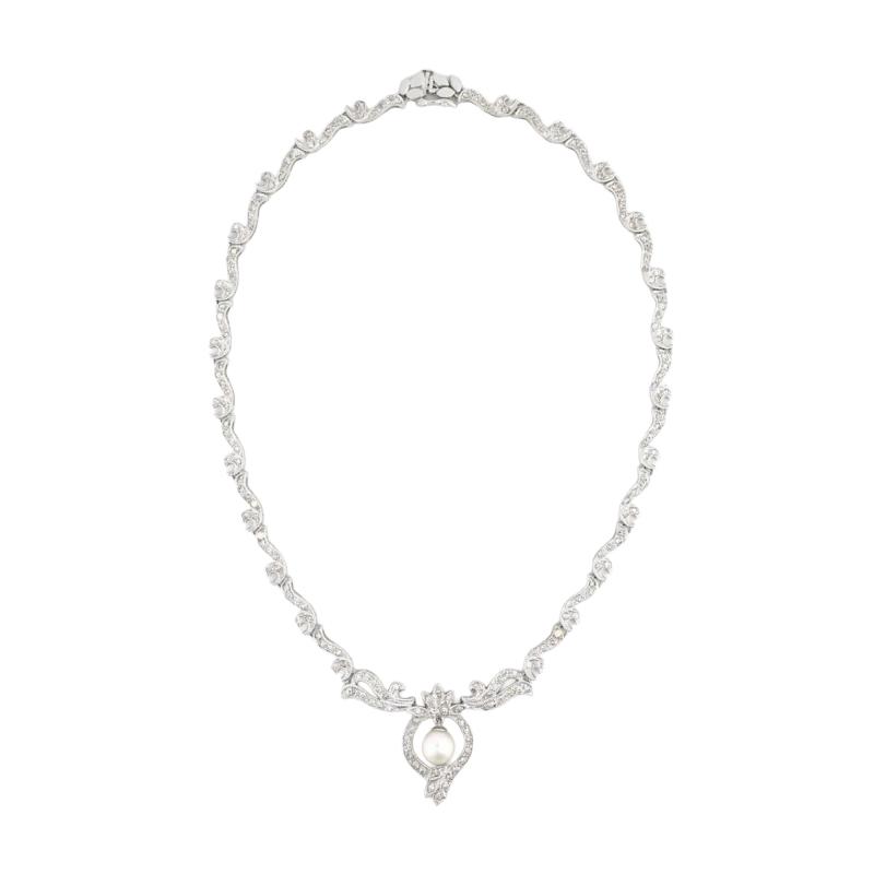 18K White Gold Diamond Cultured Pearl Necklace