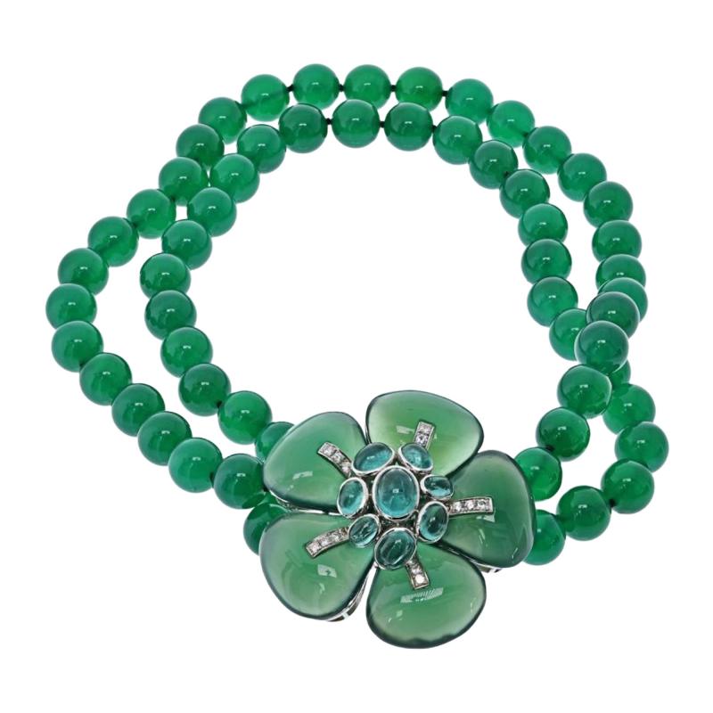 18K White Gold Green Onyx Bead Flower Diamond Necklace