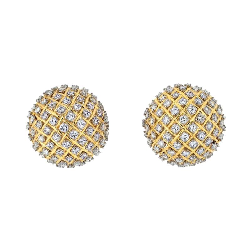 18K YELLOW GOLD 15 CARAT PAVE DIAMOND DOME CLIP ON EARRINGS