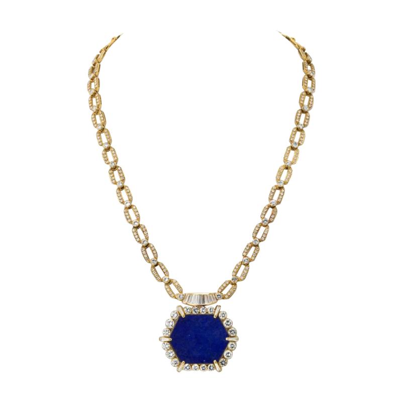 18K YELLOW GOLD 1970S DIAMOND LAPIS DIAMOND CHAIN NECKLACE
