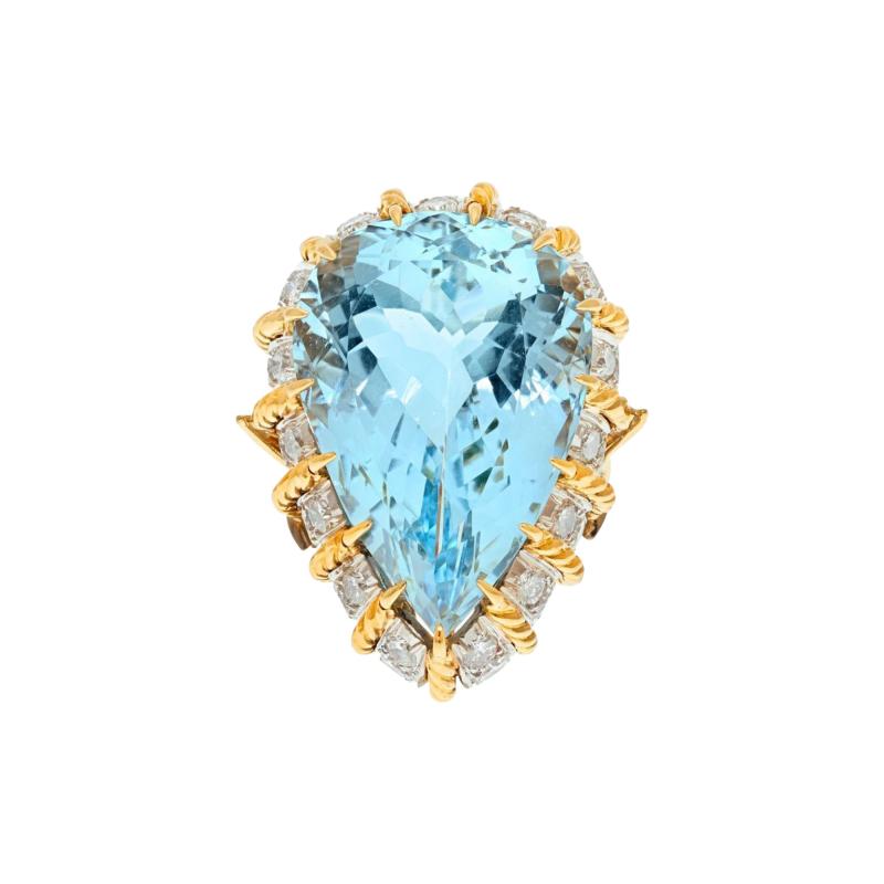 18K YELLOW GOLD 45 CARAT AQUAMARINE AND DIAMOND RING