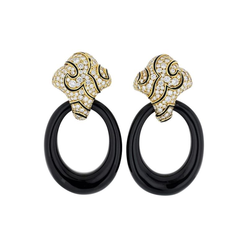 18K YELLOW GOLD BLACK ONYX DOOR KNOCKER EARRINGS