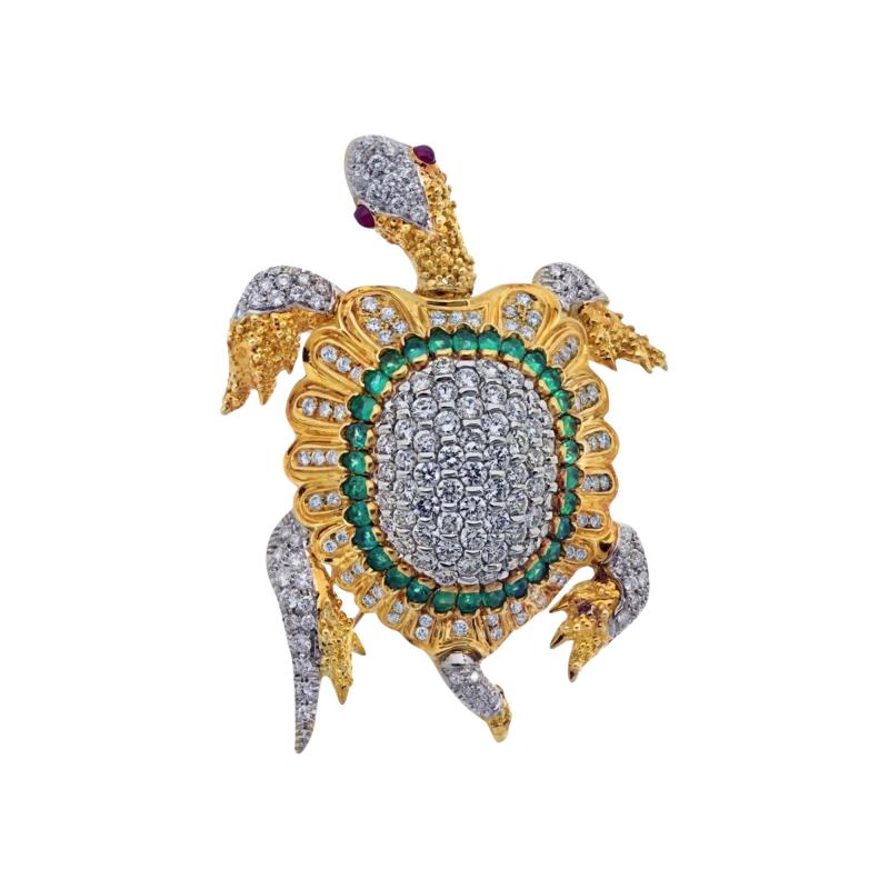 18K YELLOW GOLD DIAMOND AND GEMSTONE TURTLE BROOCH