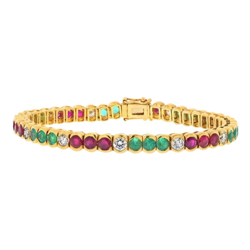 18K YELLOW GOLD DIAMOND EMERALD RUBY BEZEL SET TENNIS BRACELET