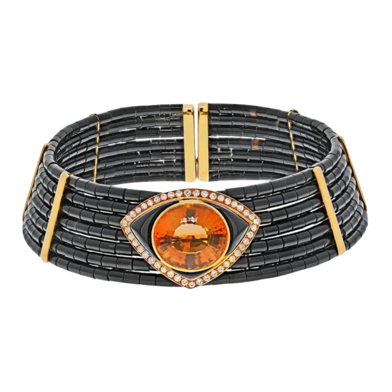 18K YELLOW GOLD ESTATE BLACK ONYX CITRINE AND DIAMOND CHOKER NECKLACE