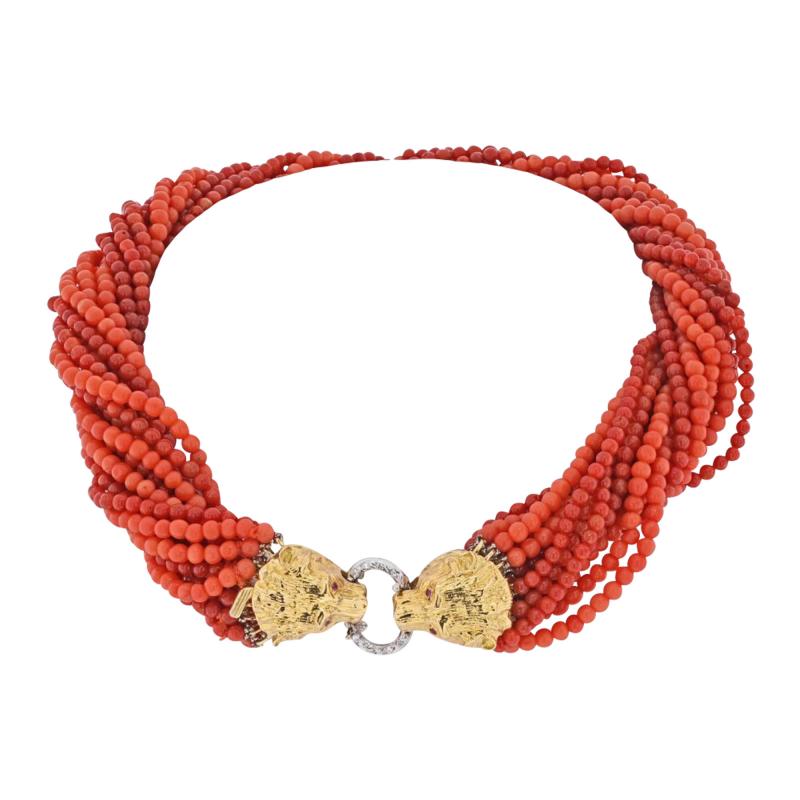 18K YELLOW GOLD MULTI STRAND TORSADE CORAL NECKLACE