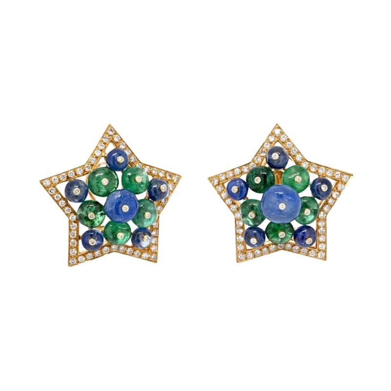 18K YELLOW GOLD MULTICOLOR SAPPHIRE GREEN EMERALD AND DIAMOND STAR EARRINGS