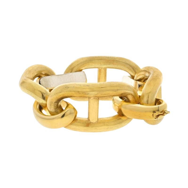 18K YELLOW GOLD OVERSIZED MARINER PUFFED SATIN FINISH LINK BRACELET