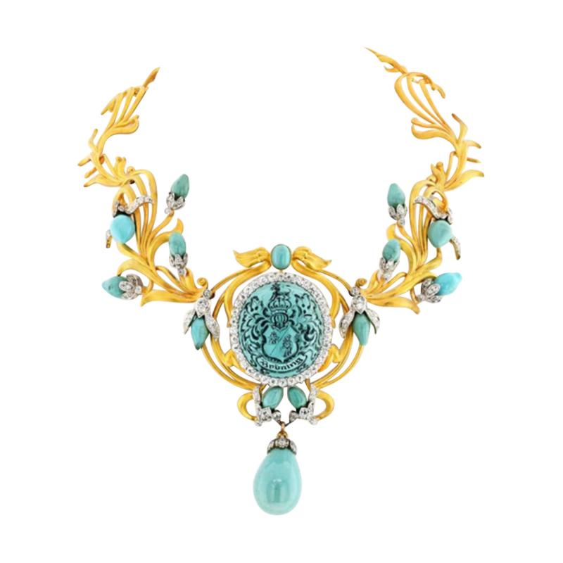 18K YELLOW GOLD PERSIAN TURQUOISE ANTIQUE DIAMOND NECKLACE