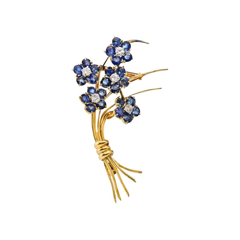 18K YELLOW GOLD SAPPHIRE DIAMOND FLOWER MOTIF FRENCH CRAFTED BROOCH