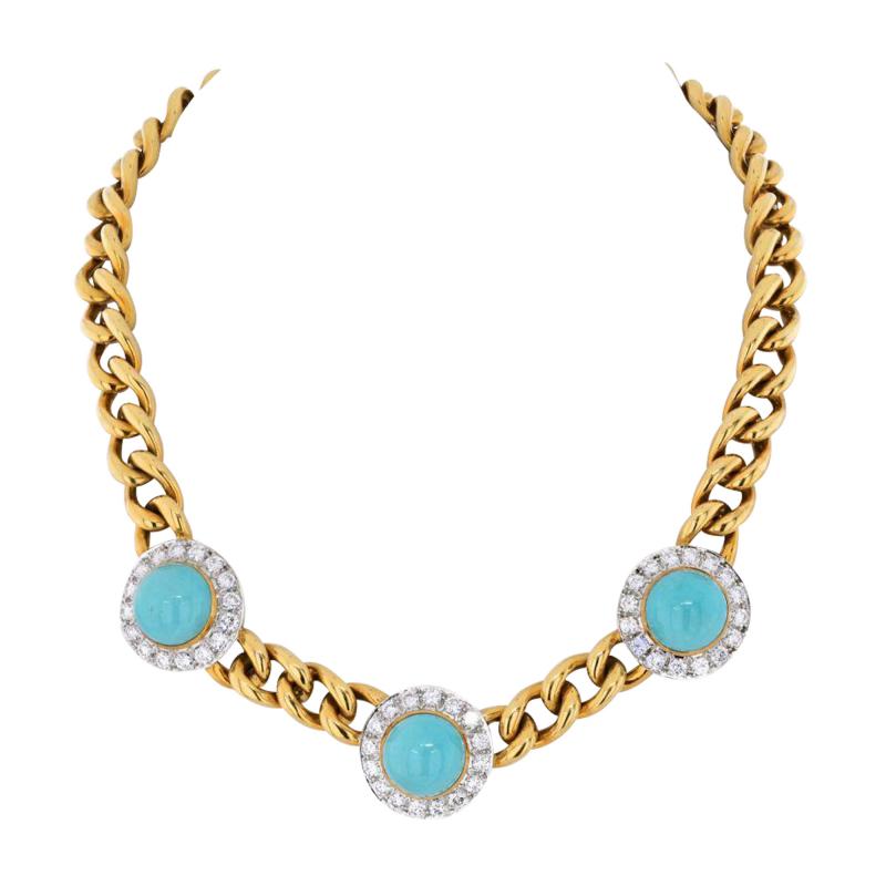 18K YELLOW GOLD THREE STATION TURQUOISE AND DIAMOND NECKLACE
