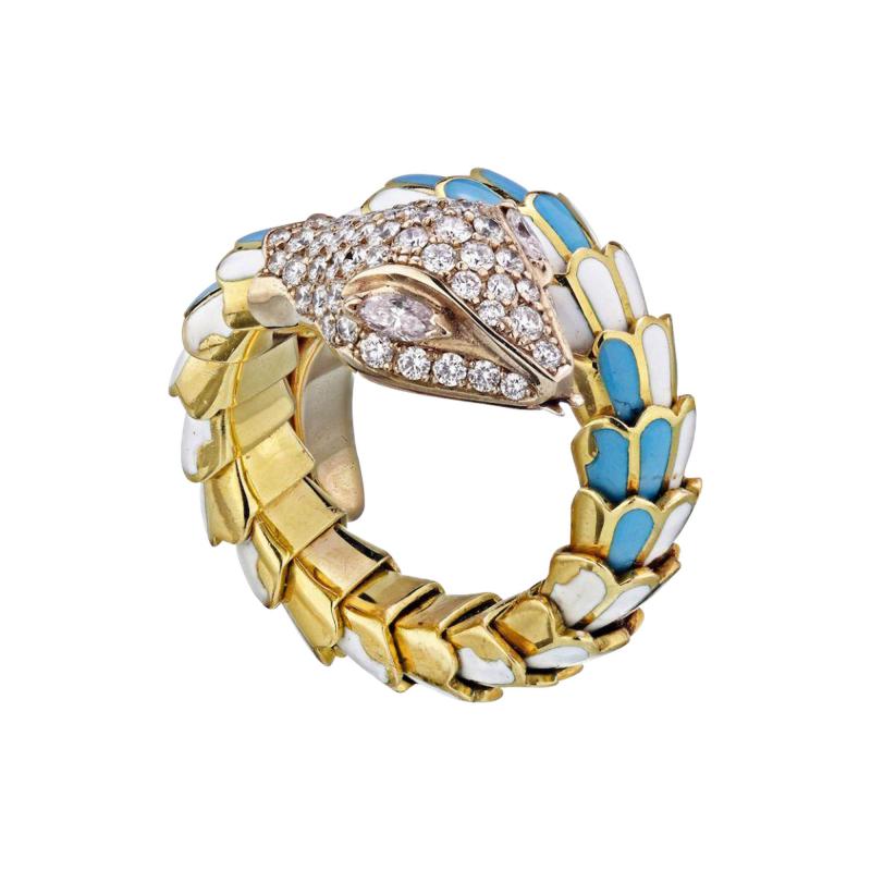 18K YELLOW GOLD TURQUOISE AND WHITE ENAMEL DIAMOND SERPENT SNAKE RING