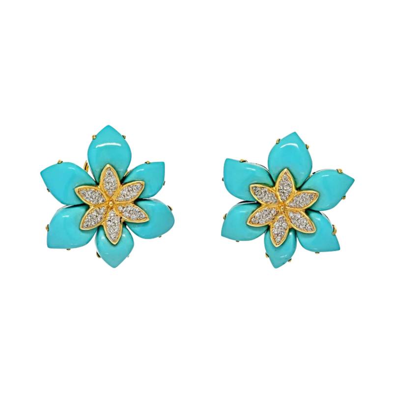 18K YELLOW GOLD TURQUOISE DIAMOND FLOWER EARRINGS