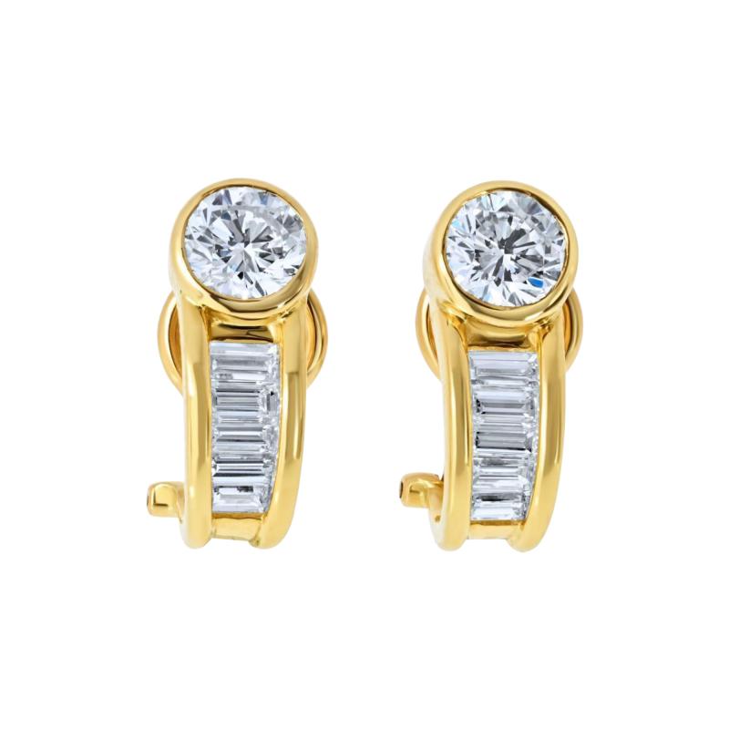 18K Yellow Gold 2 30cttw Round and Baguette Cut Diamond Earrings