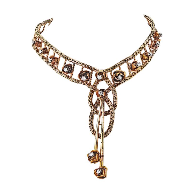 18K Yellow Gold 2 75cttw Mid Century Diamond Floral Chocker Necklace