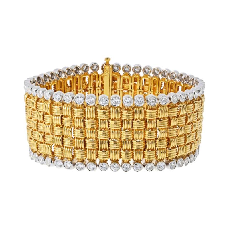 18K Yellow Gold Basket Weave Diamond Accents Carpet Bracelet