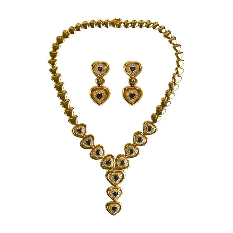 18K Yellow Gold Blue Sapphire Diamond Jewelry Se
