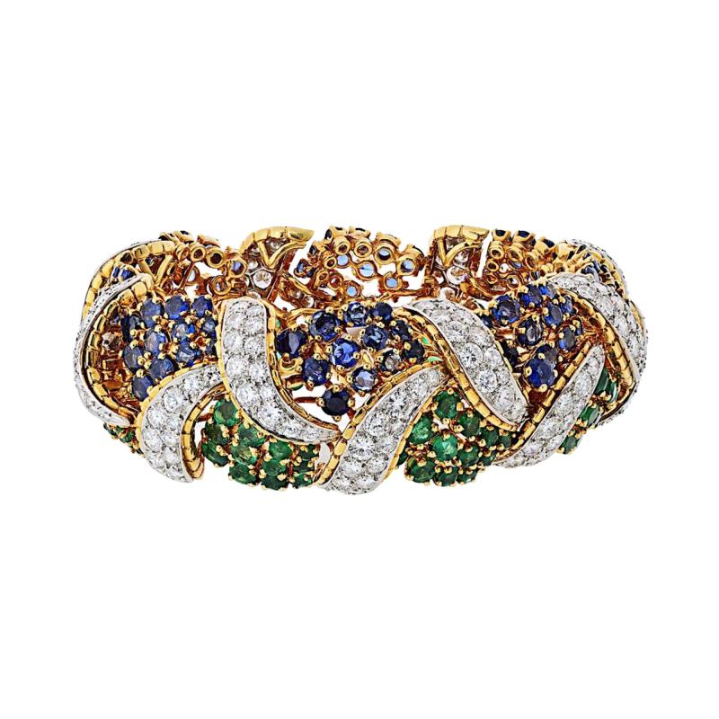 18K Yellow Gold Diamond Sapphire and Green Emerald Bracelet