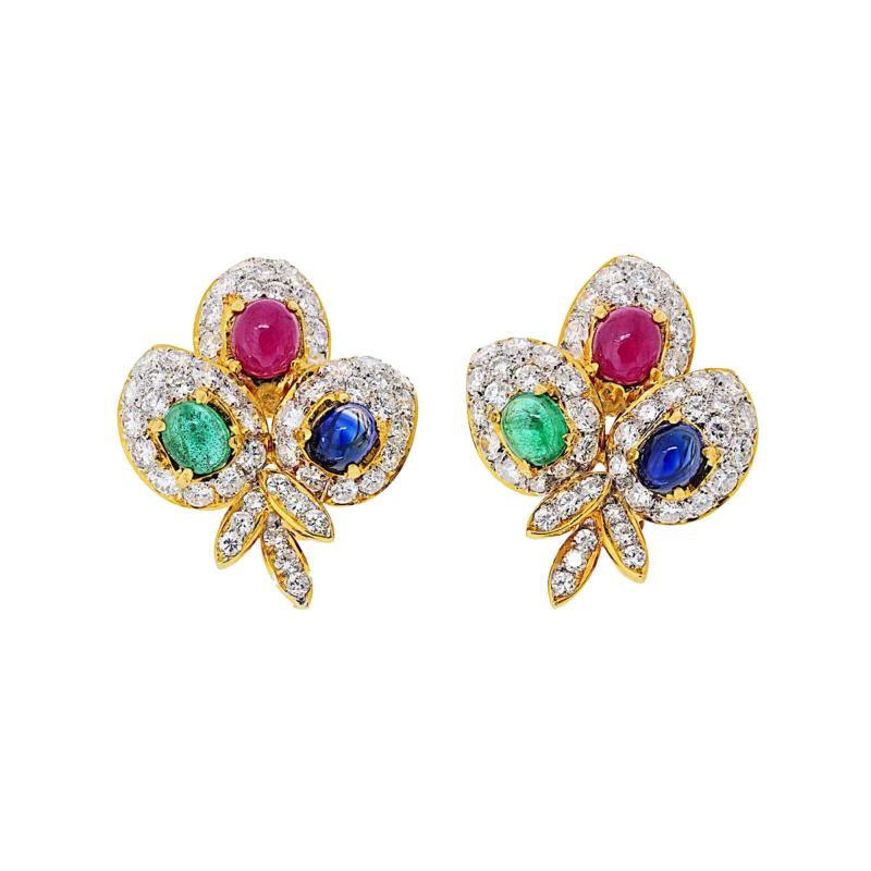 18K Yellow Gold Estate Diamond And Ruby Sapphire Emerald Earrings