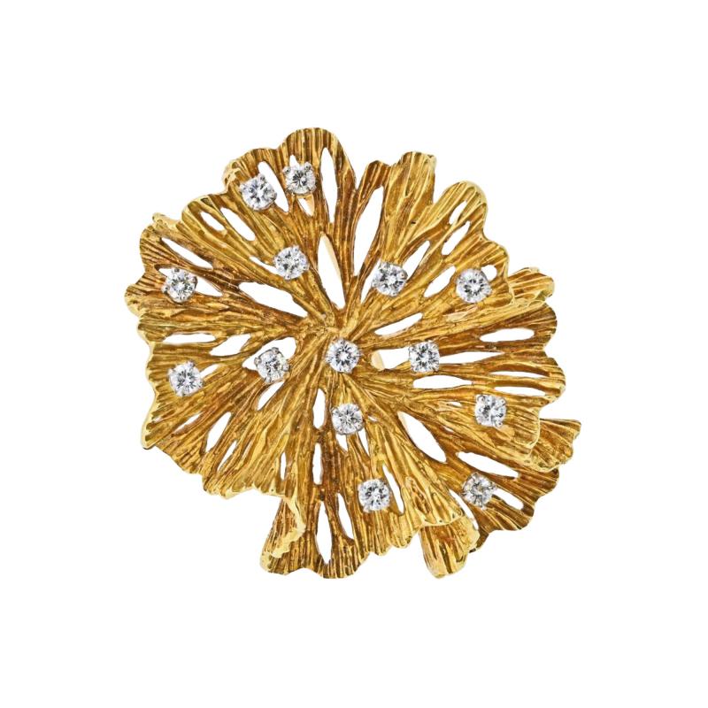 18K Yellow Gold Estate Diamond Flower Brooch