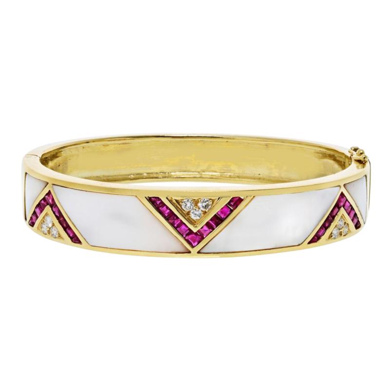 18K Yellow Gold Mother Of Pearl Ruby And Diamond Bracelet