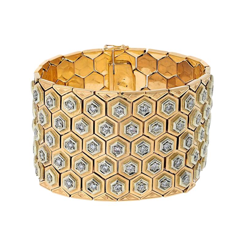 18K Yellow Gold Retro Wide Honeycomb Motif Diamond Bracelet