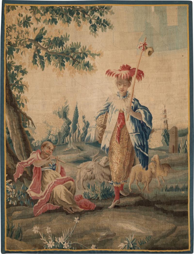 18TH CENTURY AUBUSSON CHINOISERIE TAPESTRY FRAGMENT AFTER A DRAWING BY BOUCHER