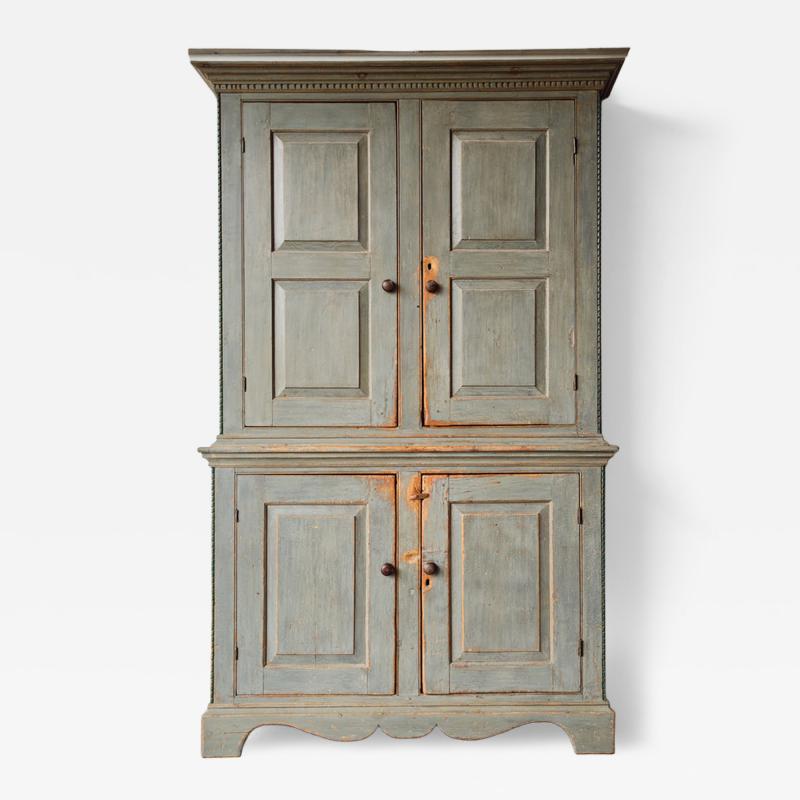 18TH CENTURY BLUE PAINTED STEP BACK CUPBOARD