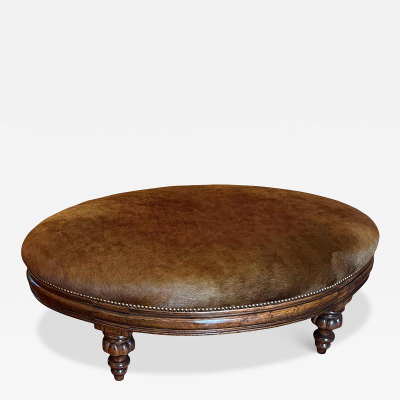 18th C Style Brindle Cowhide Oval Walnut Ottoman