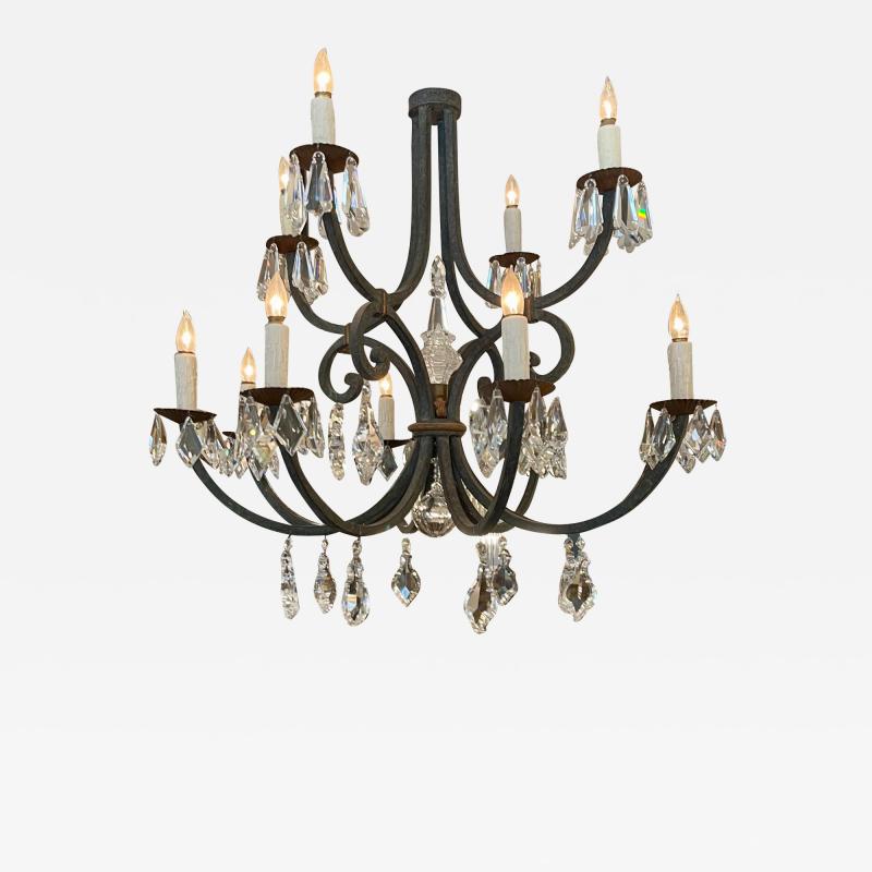 18th C Style Ebanista Wrought Iron French Crystal Chandelier