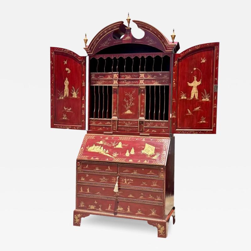 18th C Style George I Red Gold Chinoiserie Secretary Desk by Burton Ching