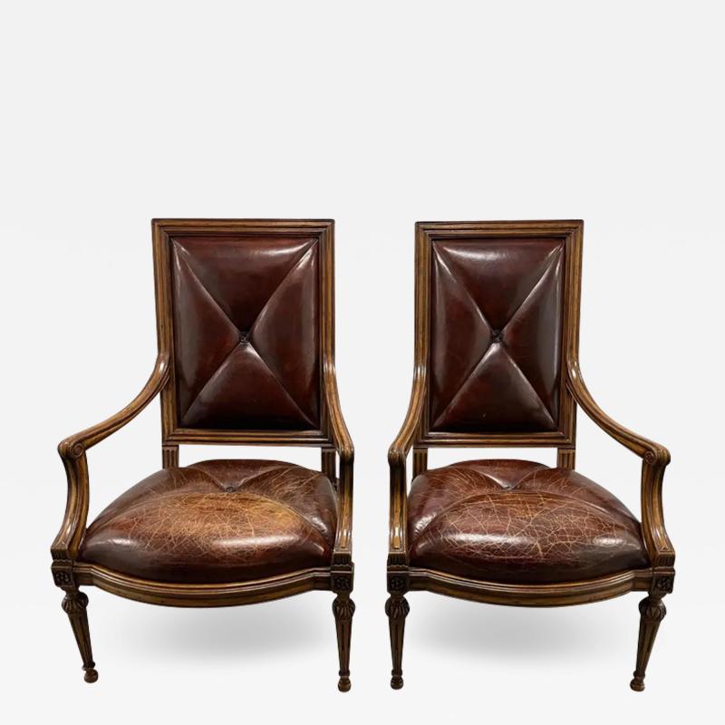 18th C Style Hendrix Allardyce Tufted Leather Giltwood Arm Chairs a Pair