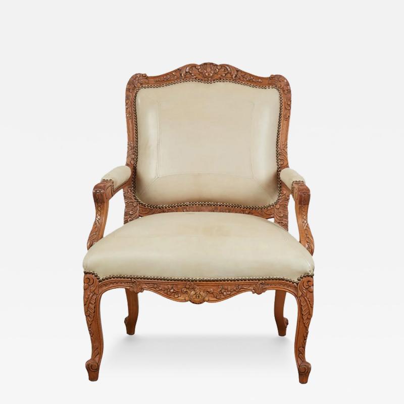 18th C Style Louis XV Fauteuils Tan Leather Arm Chair 1 of 2