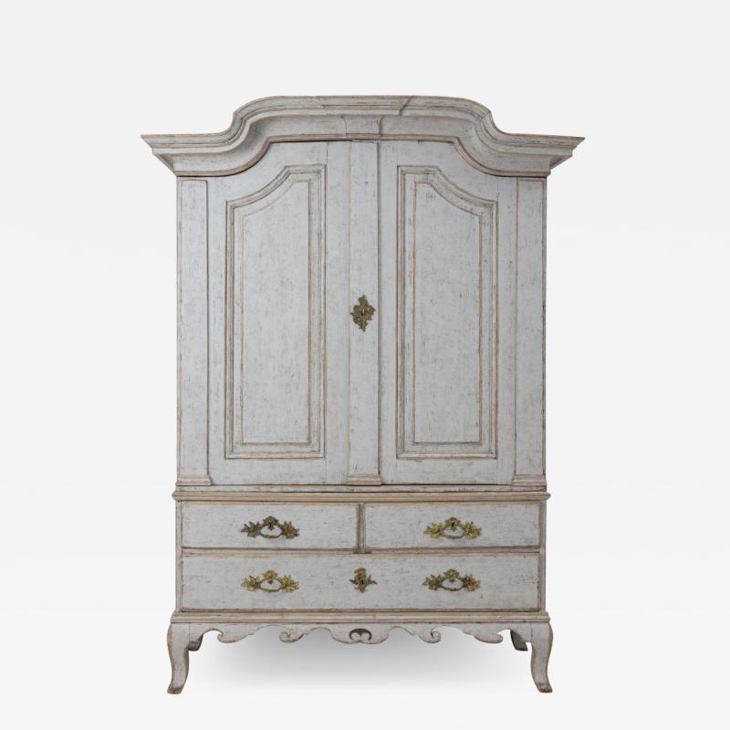 18th C Swedish Rococo Period Two Part Painted Linen Press Cabinet