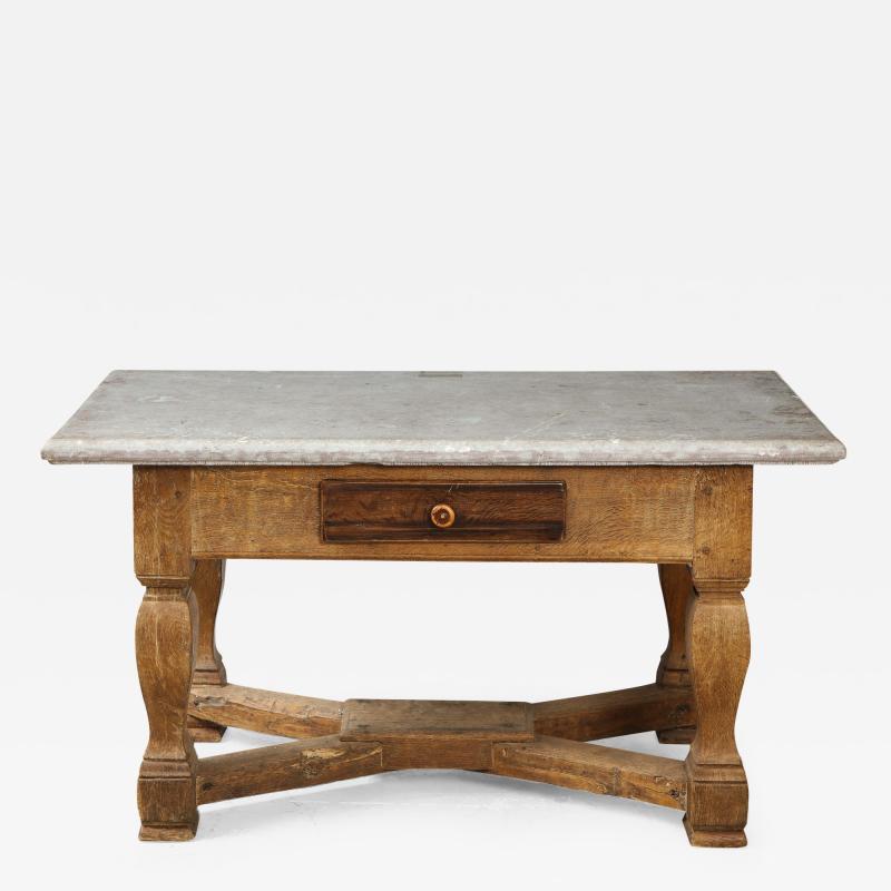 18th C Swedish Stone Top Table with Drawer Oak Stretcher Base c 1750