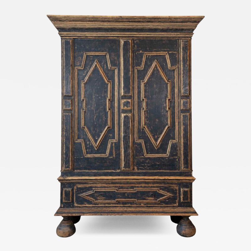 18th Century Baroque Two Part Cabinet with Black Finish and Blue Interior