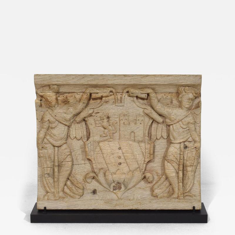 18th Century French Carved Oak Panel Depicting Two Angels With Coat Of Arms