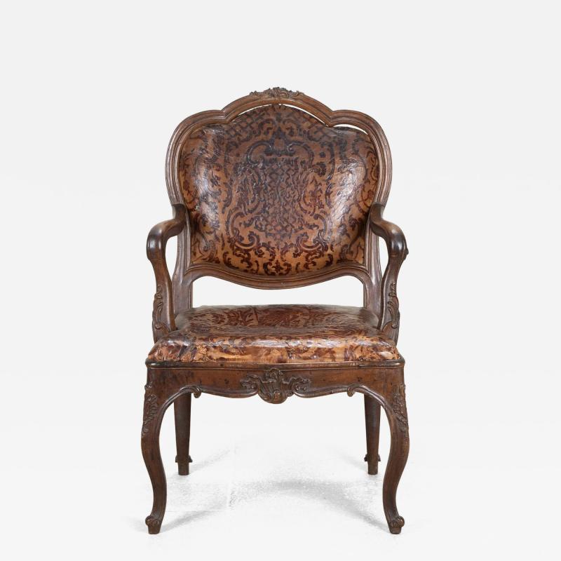 18th Century French Oak Leather Fauteuil