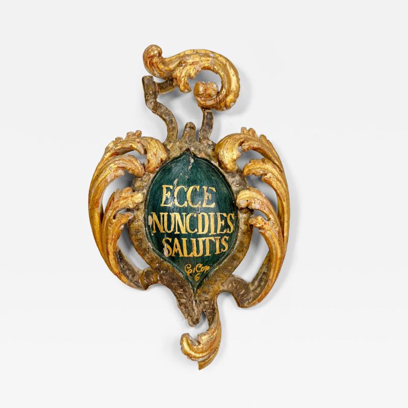 18th Century Giltwood and Polychrome Painted Shield ECCE NUNCDIES SALUTIS