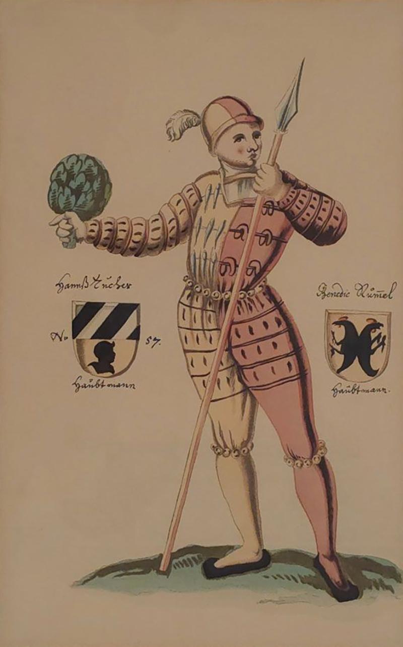 18th Century Hand Colored Engraving of Renaissance Soldier Probably German