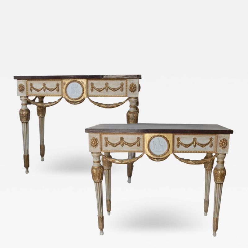 18th Century Louis XVI Polychrome and Gilded Faux Marble Top Consoles